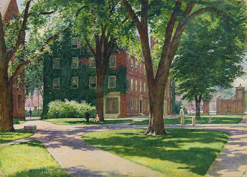 A watercolor painting of Mass Hall depicting Harvard Yard, a tree, and Mass Hall.