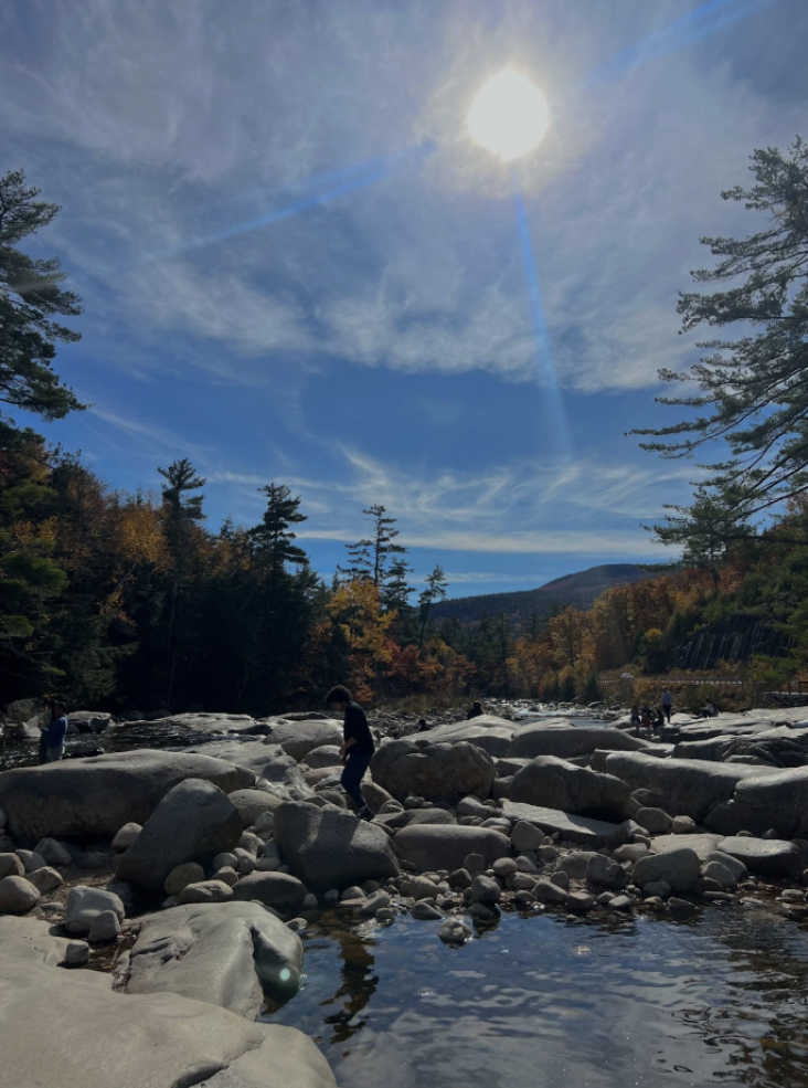 Picture of the scenic trail in New Hampshire during the fall, filled with red, yellow, and green trees. 